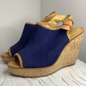 NINE WEST CANVAS & CORK PEEP TOE WEDGE SIZE 9.5